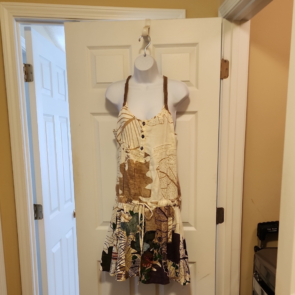 Linen Beige and Brown Dress. Printed Fabric.
